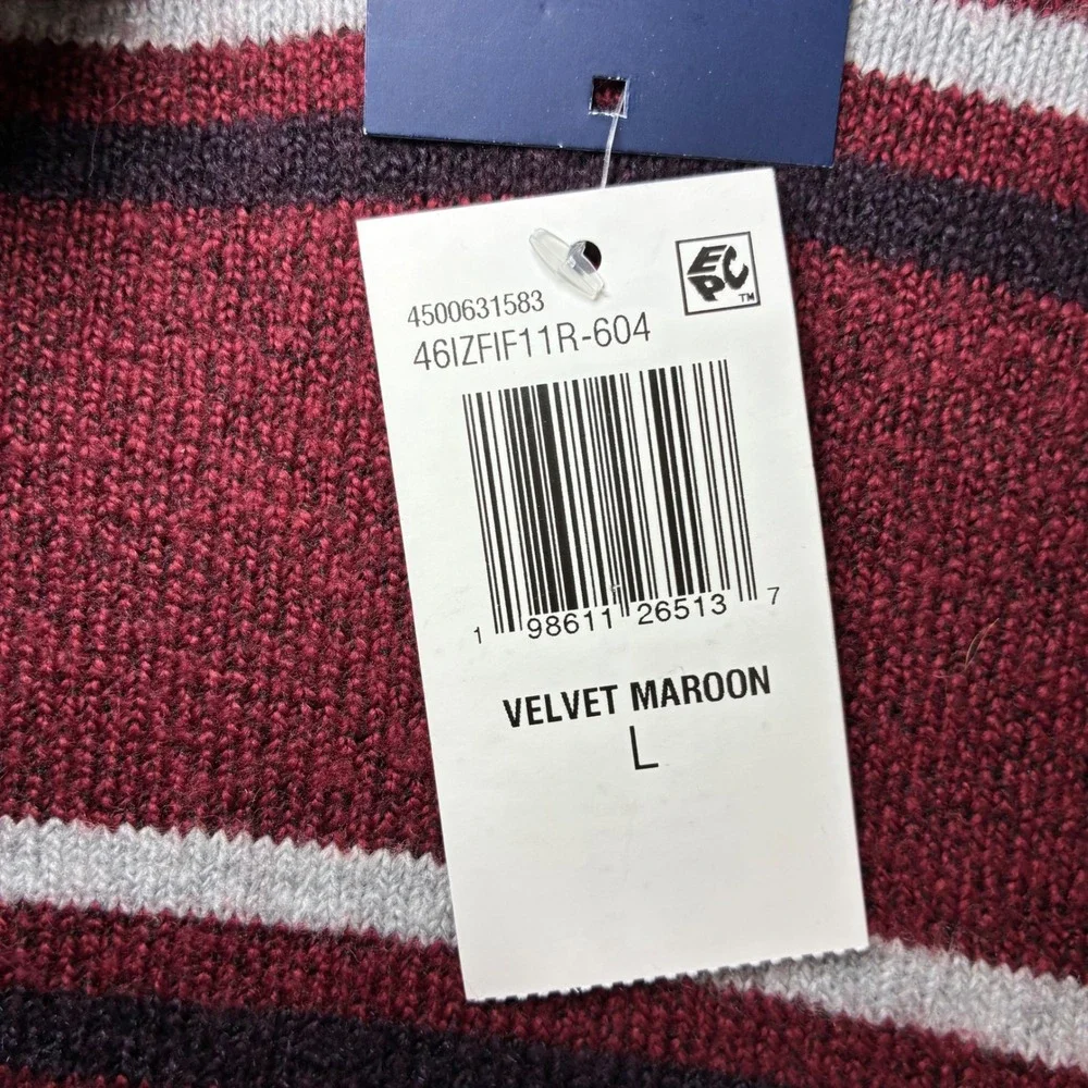 IZOD Crewneck Sweater Men L Velvet Maroon Striped Cotton Blend Preppy Soft NWT